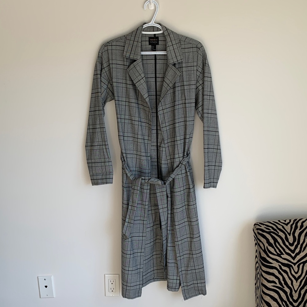 Forever 21 Black and White Plaid Long Coat with Belt